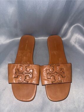 Tory Burch Tan Leather Logo Slide Sandals